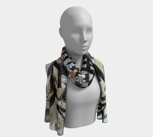 Mannequin wearing a patterned scarf on a white background