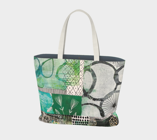 Tote bag with green and gray pattern on a white background