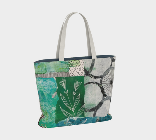 Tote bag with green and gray abstract pattern on a white background