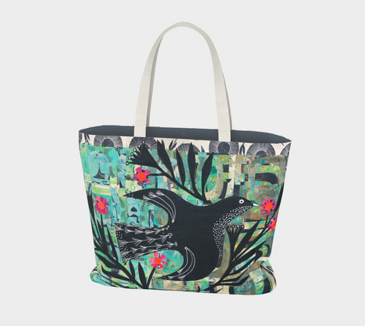 Tote bag with a design of a bird and floral patterns on a white background