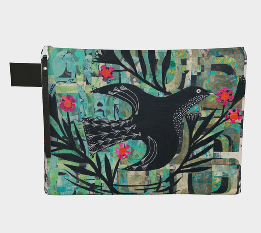 Pouch with a black bird design on a colorful abstract background