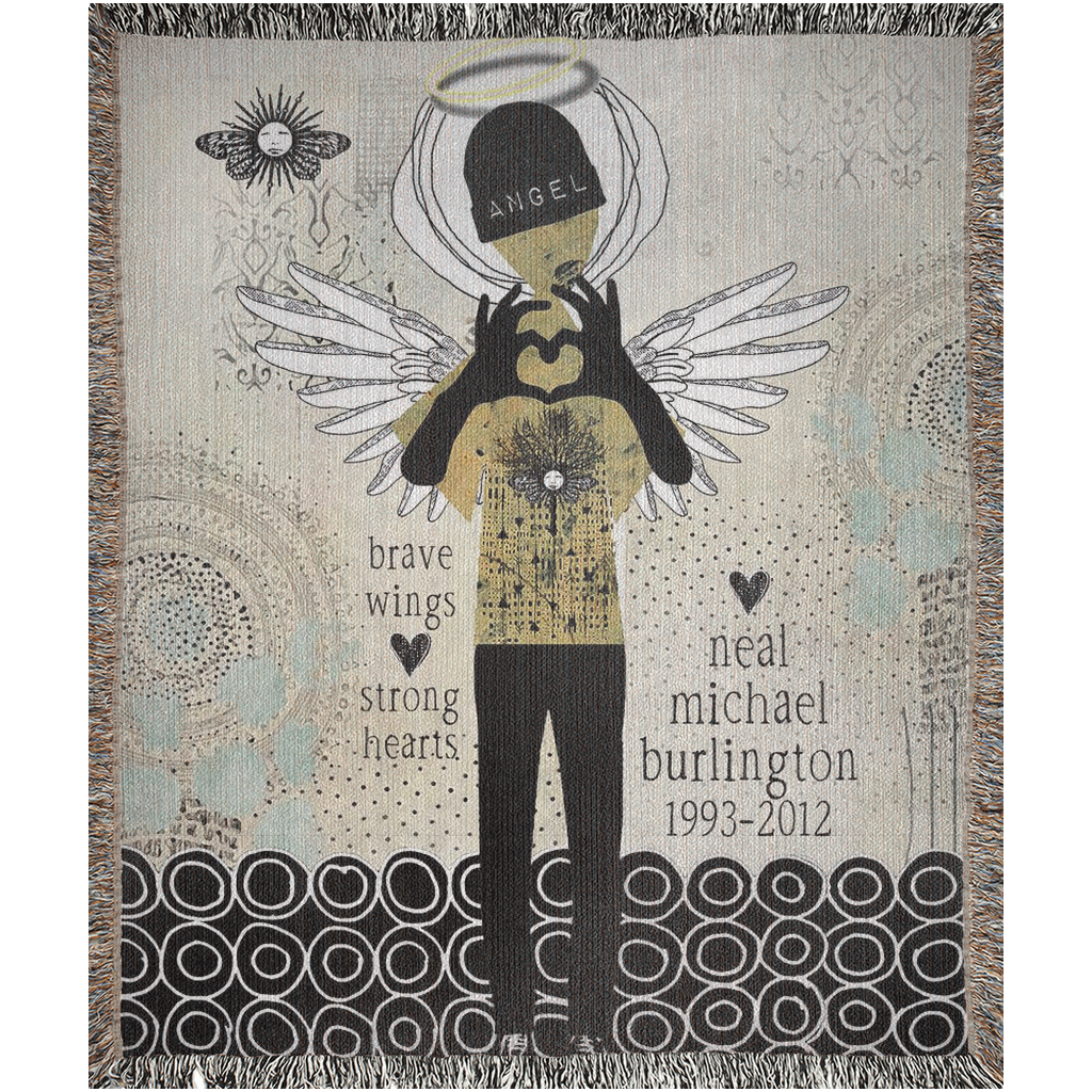 Woven blanket with angel design and text on a neutral background