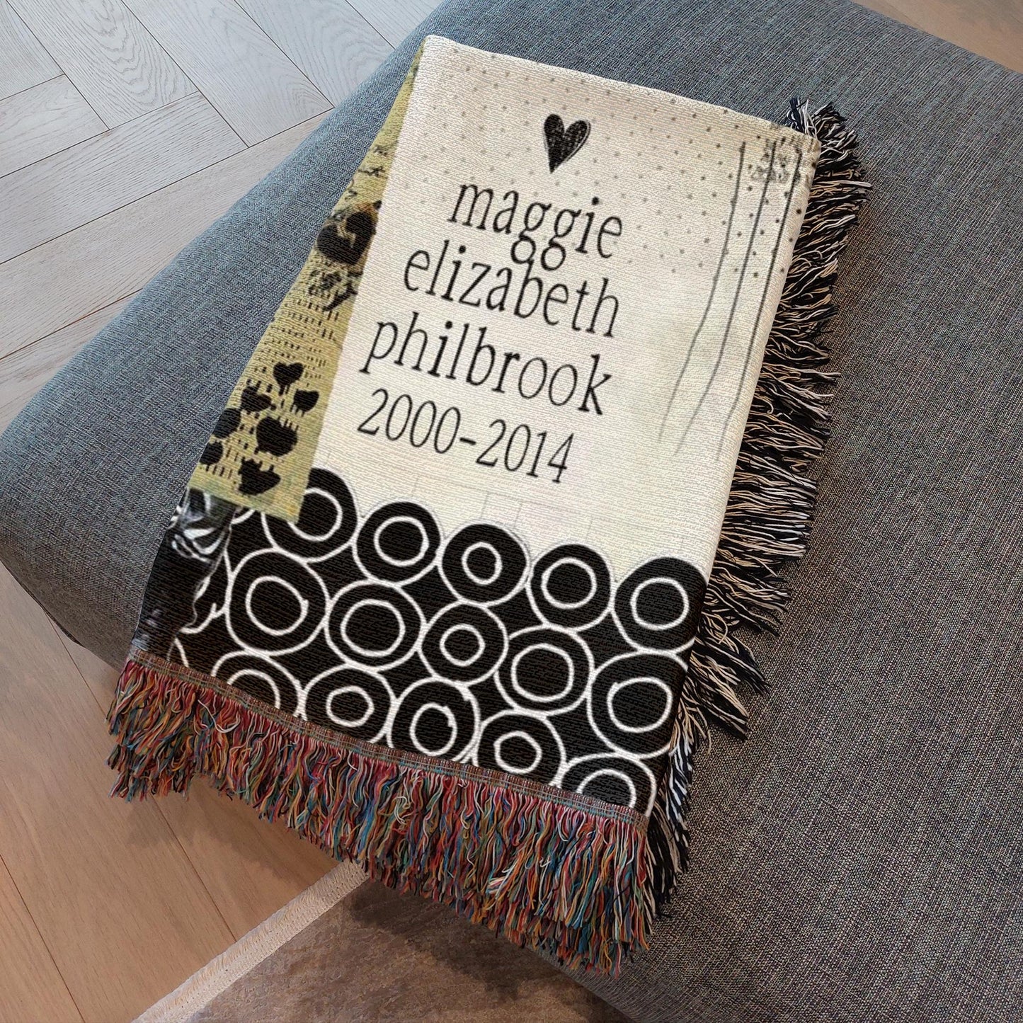 Personalized blanket with text and patterns on a gray surface