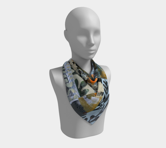Mannequin wearing a patterned scarf on a white background