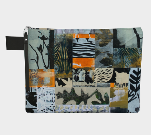 Patchwork-style pouch with abstract patterns on a white background