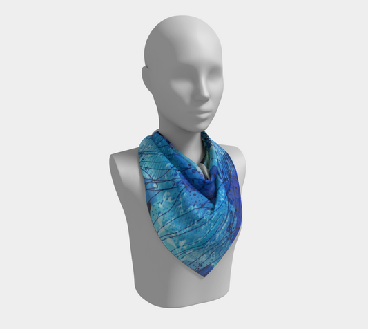 Mannequin wearing a blue patterned scarf on a white background
