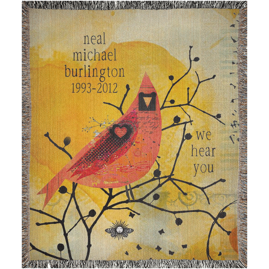 Blanket with a red bird design and text on a yellow background