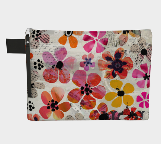Floral patterned pouch with colorful flowers on a white background