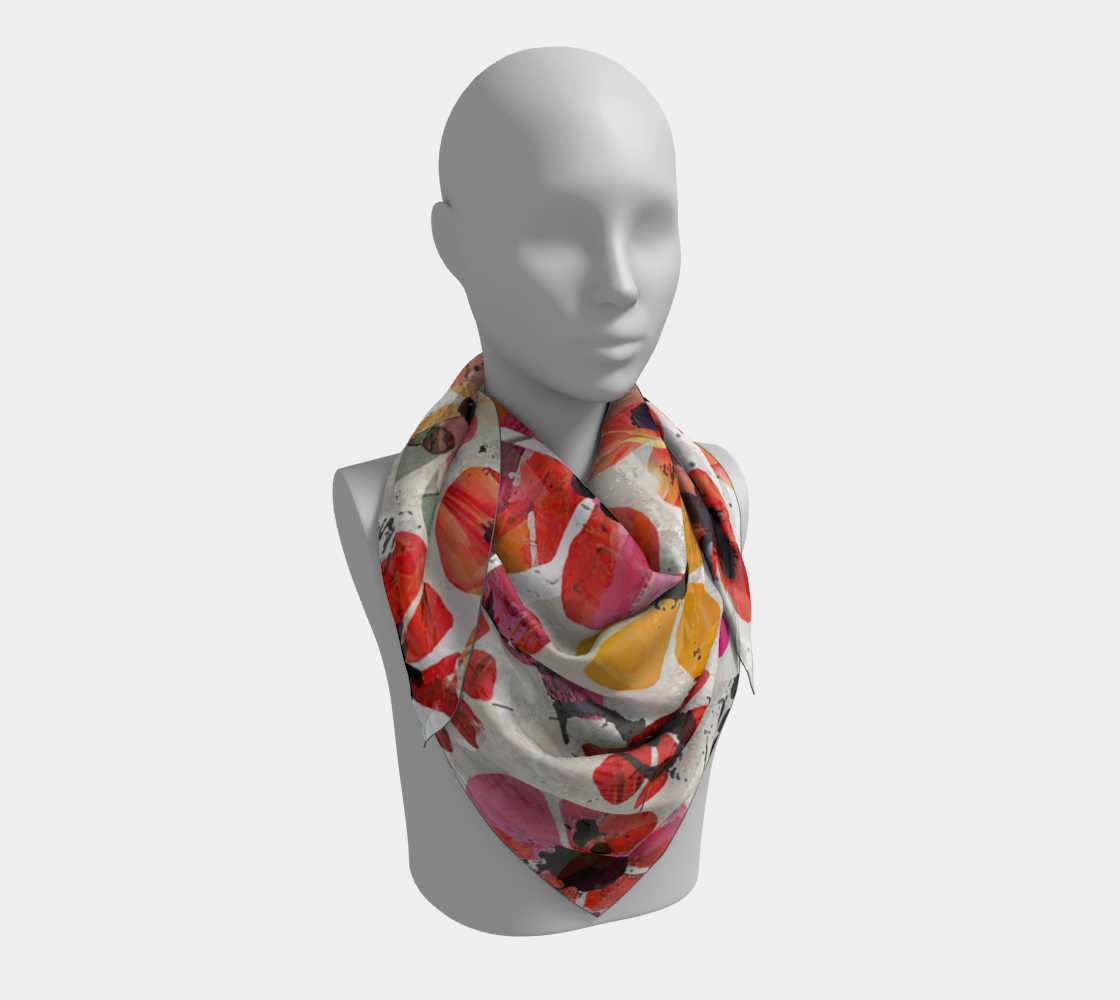 Mannequin wearing a colorful floral scarf on a white background