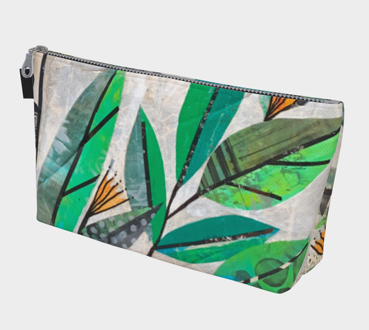 Pouch with green leaf pattern on a white background