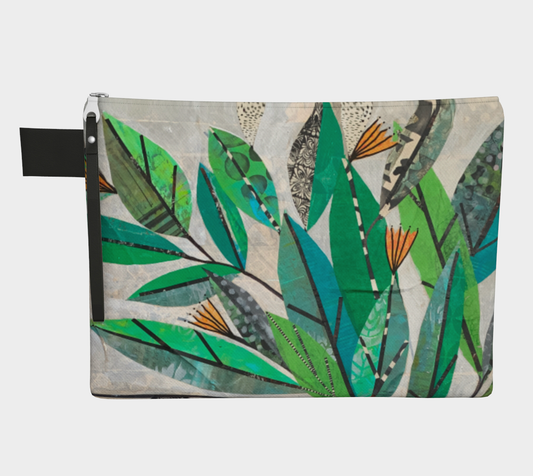 Pouch with green leaf pattern on a white background