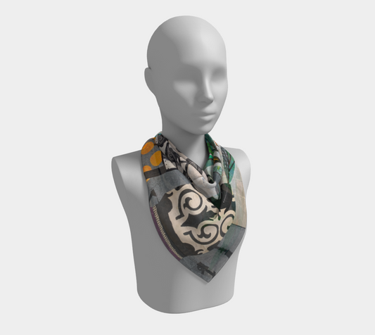 Mannequin wearing a patterned scarf on a white background
