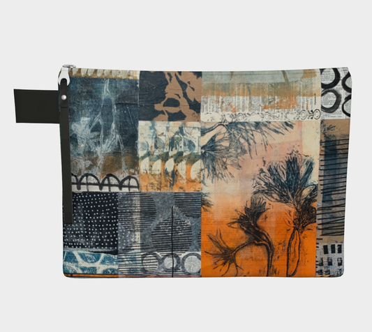 Pouch with a patchwork design featuring various patterns and colors on a white background