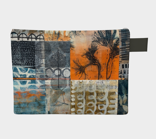 Patchwork pouch with various patterns on a white background
