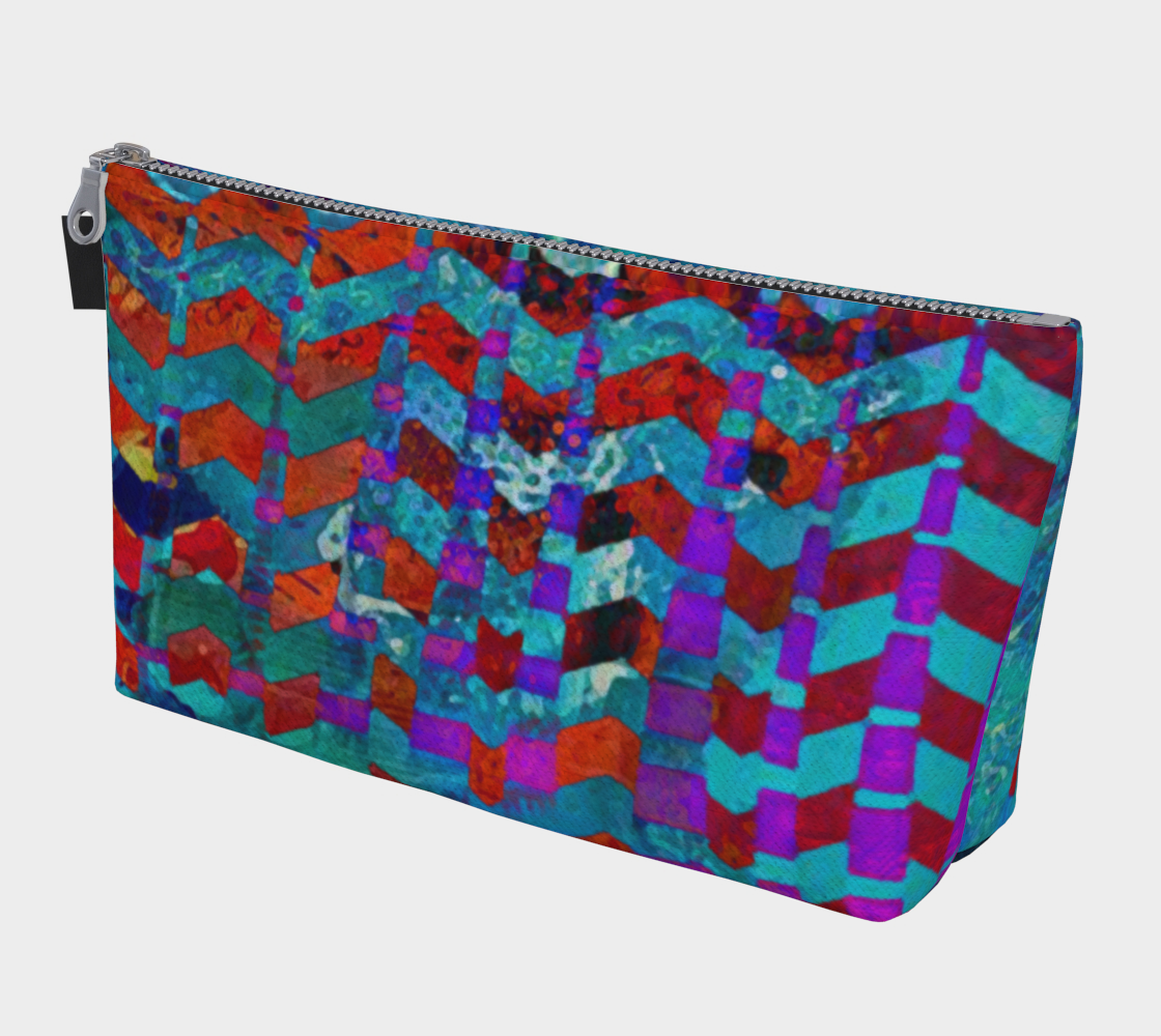 Colorful geometric patterned pouch on a white background