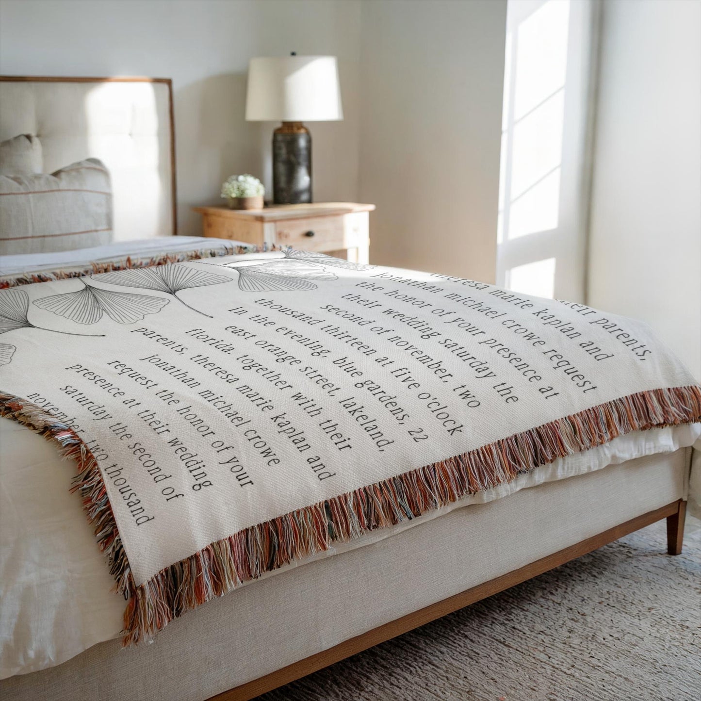White Ginkgo Personalized Wedding Woven Blanket