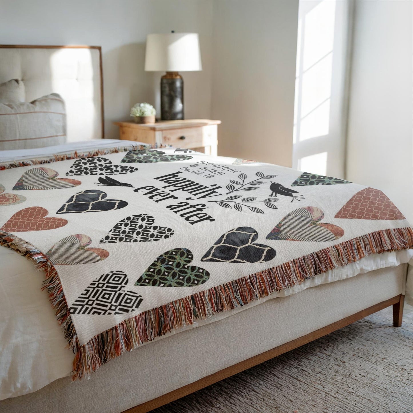 Happily Heart Grid Personalized Wedding Woven Blanket