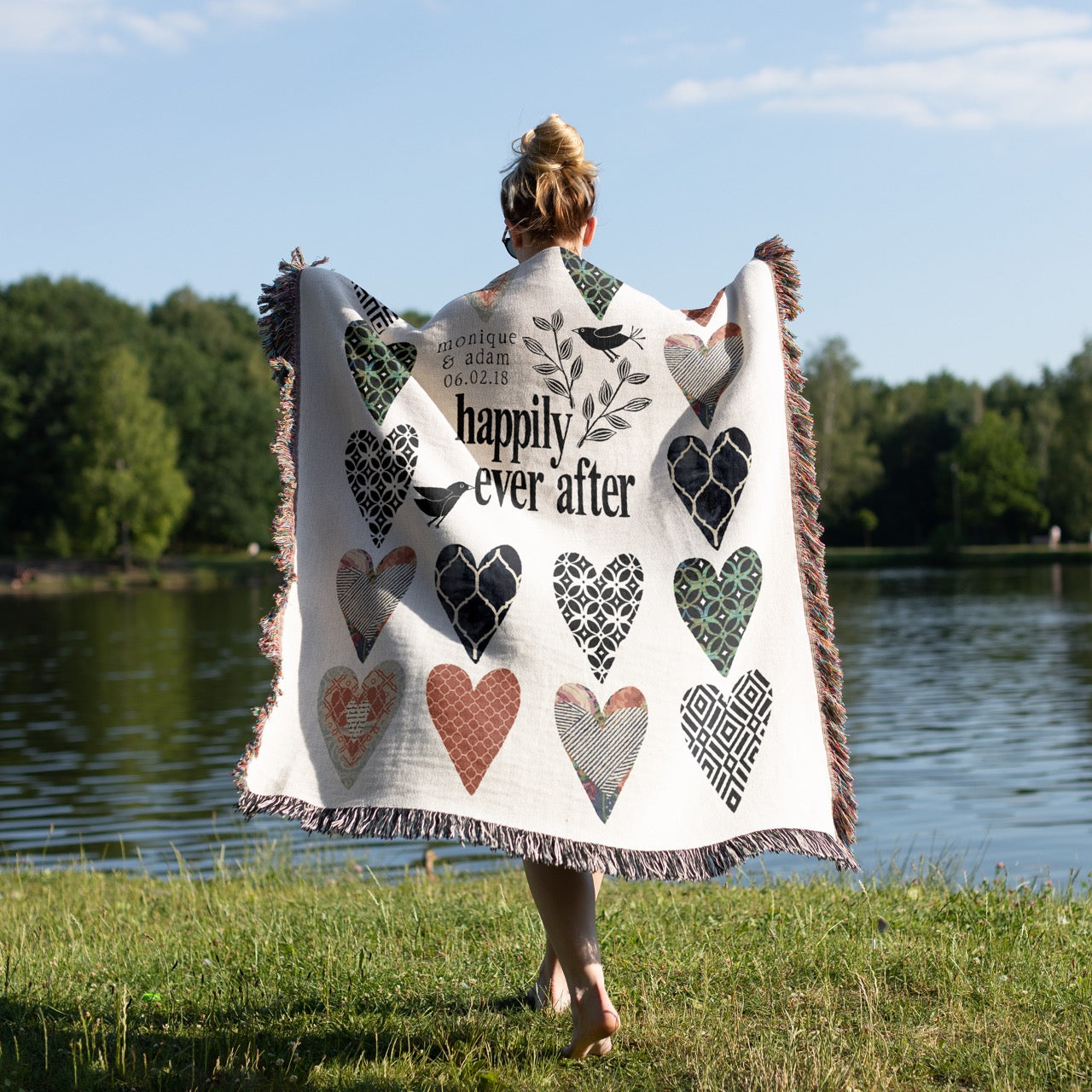 Happily Heart Grid Personalized Wedding Woven Blanket