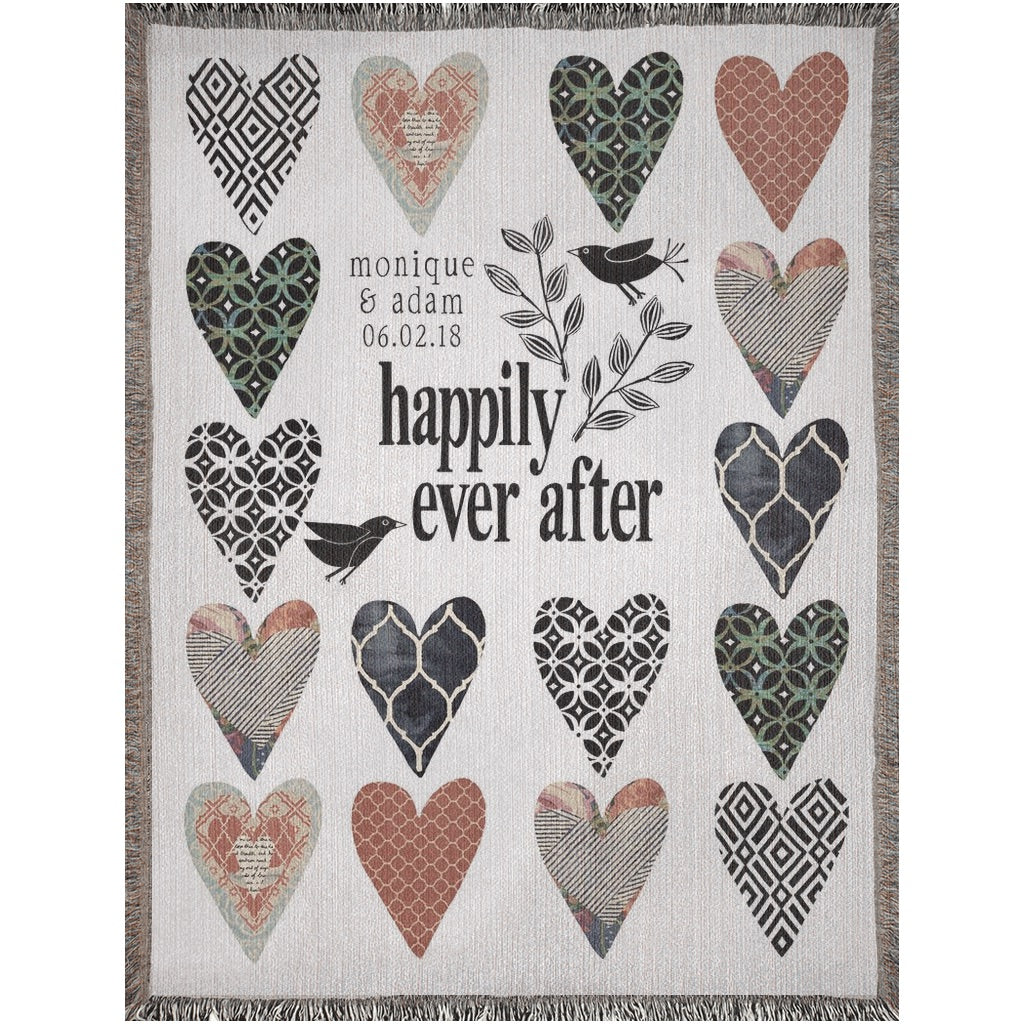 Happily Heart Grid Personalized Wedding Woven Blanket