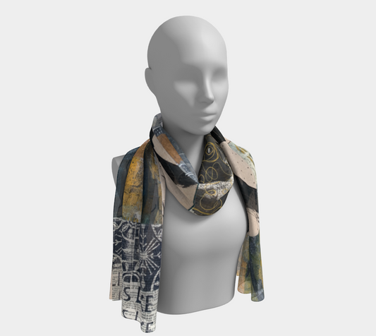 Mannequin wearing a patterned scarf on a white background