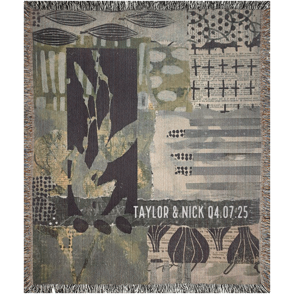 Decorative throw blanket with abstract patterns and text on a white background