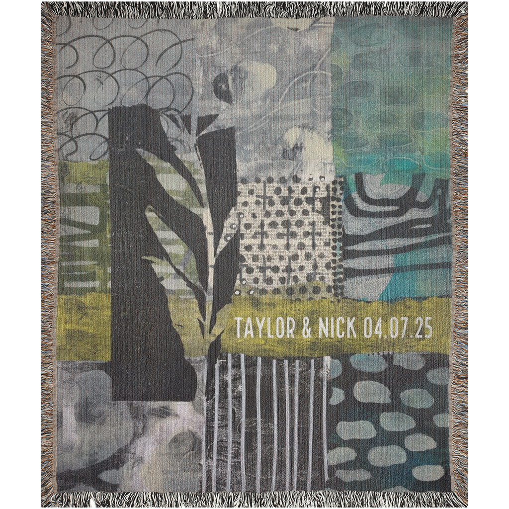 Decorative throw blanket with abstract patterns and personalized text on a white background