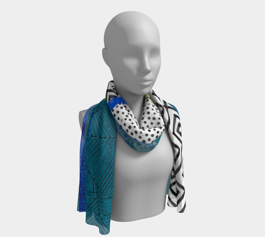 Mannequin wearing a colorful scarf with a pattern on a white background