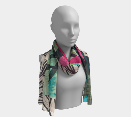 Mannequin wearing a colorful patterned scarf on a white background