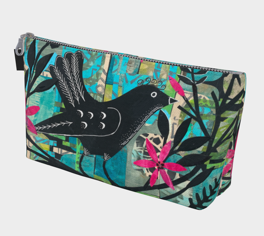 Pouch with a bird and floral design on a white background