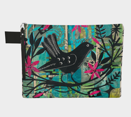 Pouch with a bird and floral design on a colorful background