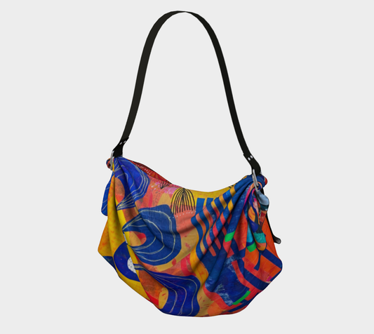 Colorful handbag with abstract design on a white background