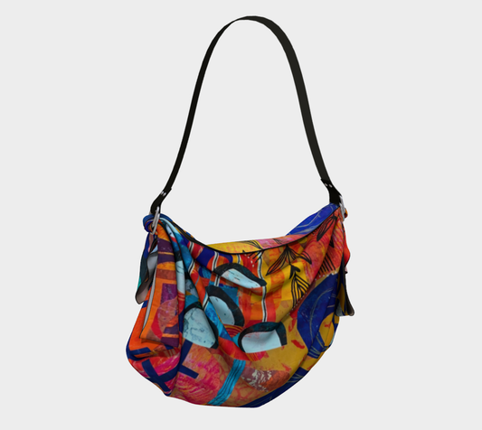 Colorful handbag with abstract design on a light gray background