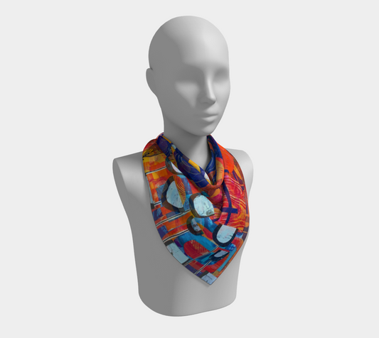 Mannequin wearing a colorful scarf on a white background