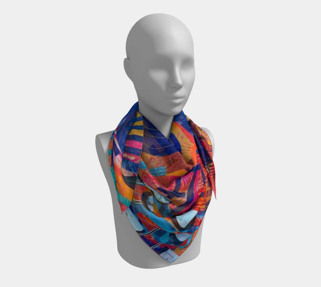 Colorful patterned scarf on a mannequin against a white background