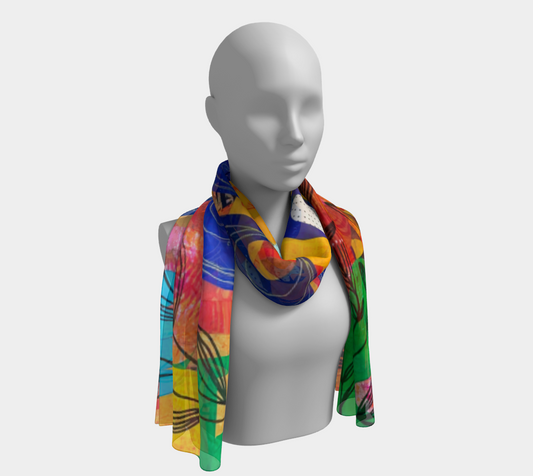 Mannequin wearing a colorful scarf on a white background