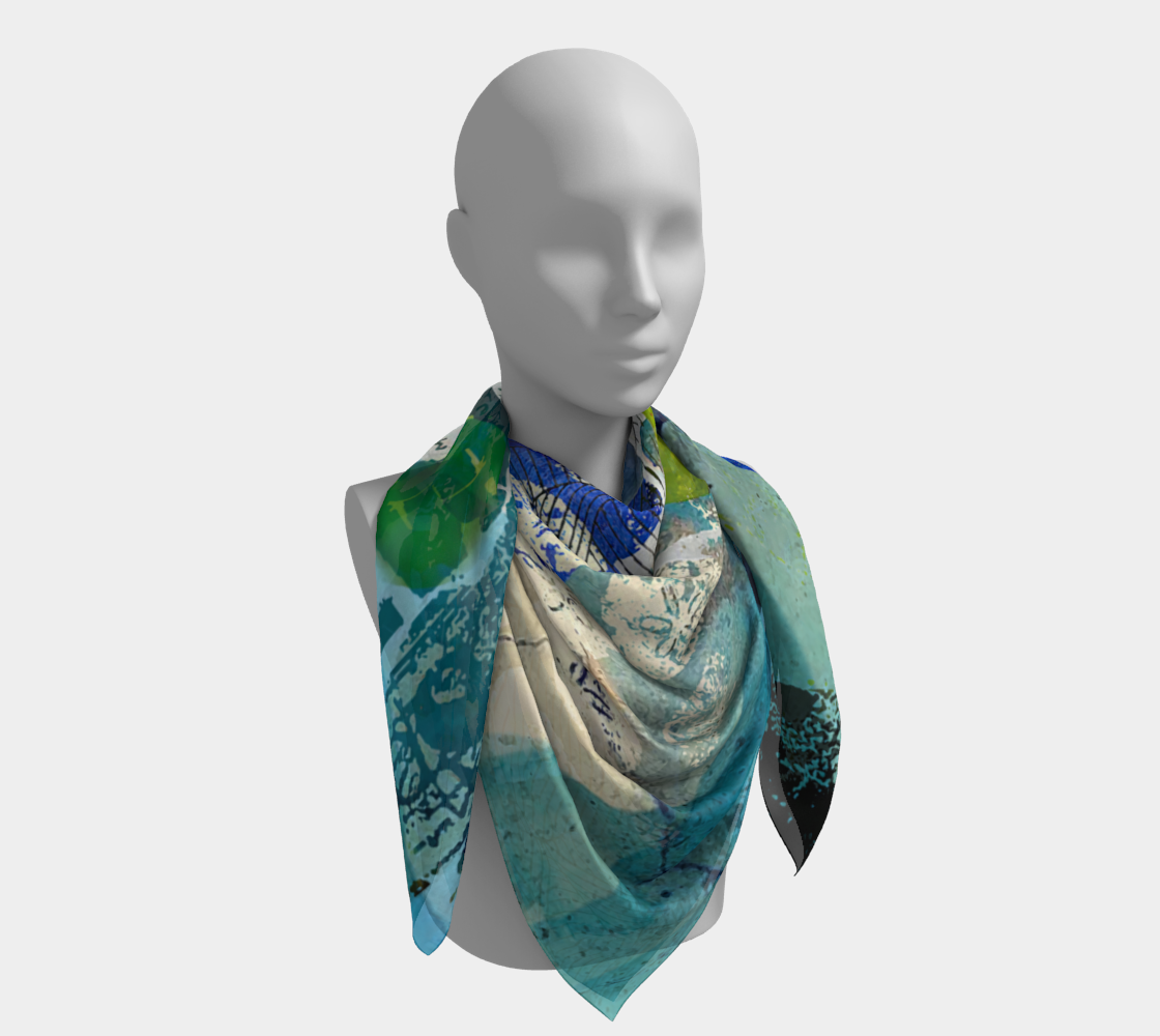Mannequin wearing a colorful scarf with a pattern on a white background