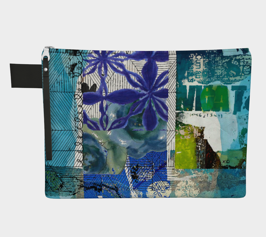 Multicolored pouch with floral and abstract patterns on a white background