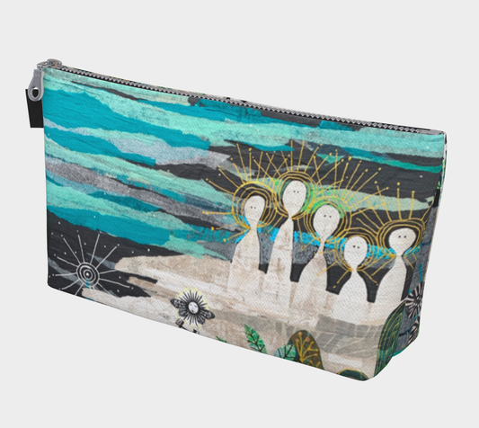 Pouch with artistic design of figures and abstract patterns on a white background
