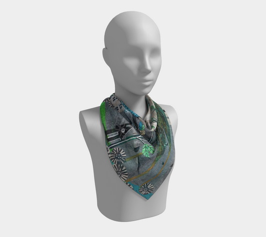 Mannequin wearing a patterned scarf on a plain background