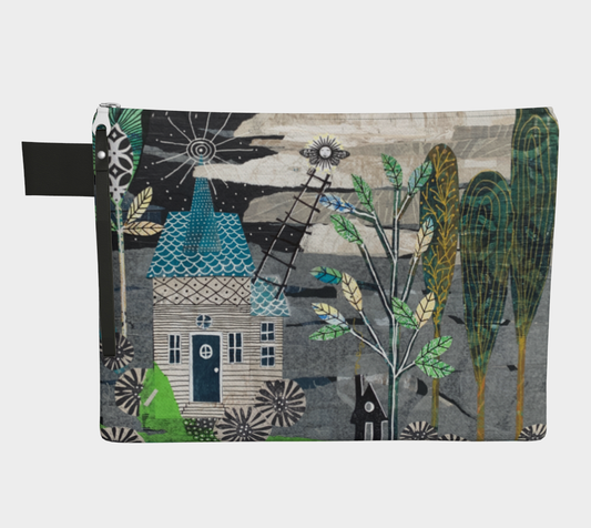 Fabric pouch with a nature-themed design featuring houses, trees, and stars on a gray background.