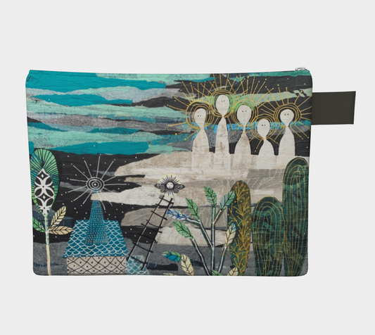 Pouch with artistic design of figures and landscape on a white background