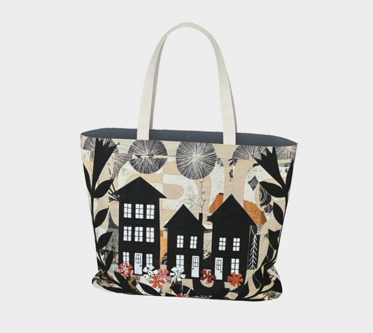 Tote bag with house and nature pattern on a white background