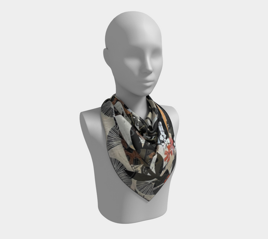 Mannequin wearing a patterned scarf on a white background