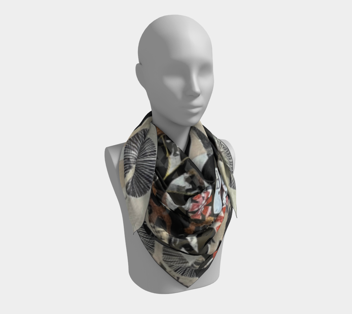 Mannequin wearing a floral and abstract patterned scarf on a white background