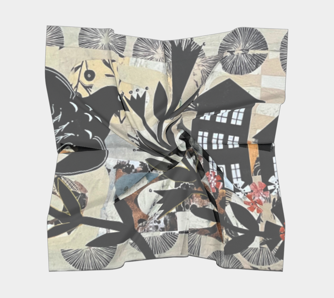 Folded fabric with abstract pattern featuring houses and nature elements on a white background