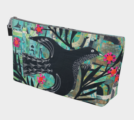 Pouch with a black bird design and colorful floral patterns on a white background