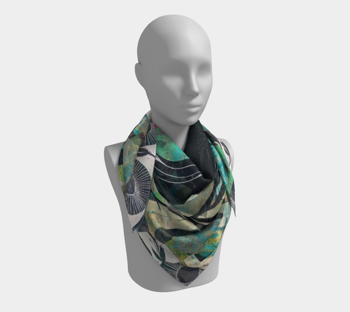Mannequin wearing a patterned scarf on a white background