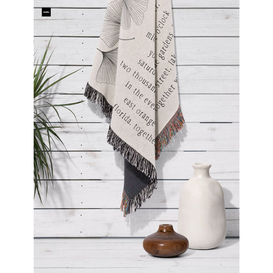 Personalized Woven Wedding Invitation Blanket | White Ginkgo design by Museware creator Sheree Burlington