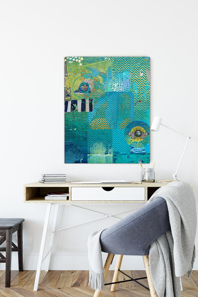 Abstract canvas wrap wall art in tones of blue by Sheree Burlington