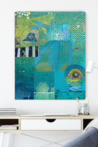 Abstract canvas wrap wall art in tones of blue by Sheree Burlington